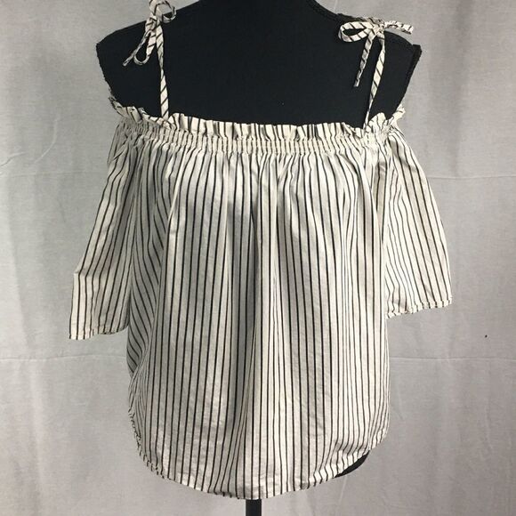 H&M size 6 white blue stripe angel sleeved crop top elastic scoop neck tie strap - Picture 1 of 5